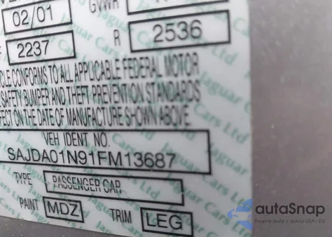 2001 Jaguar S-Type 3.0L V6 z USA, uszkodzony, nr VIN SAJDA01N91FM13687